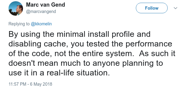 Marc van Gend's tweet about performance tests